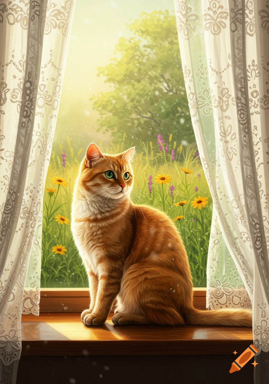 An orange cat with green eyes sits on a sunlit windowsill, looking out at a vibrant meadow with yellow flowers and trees, through lace curtains. Stylized illustration.