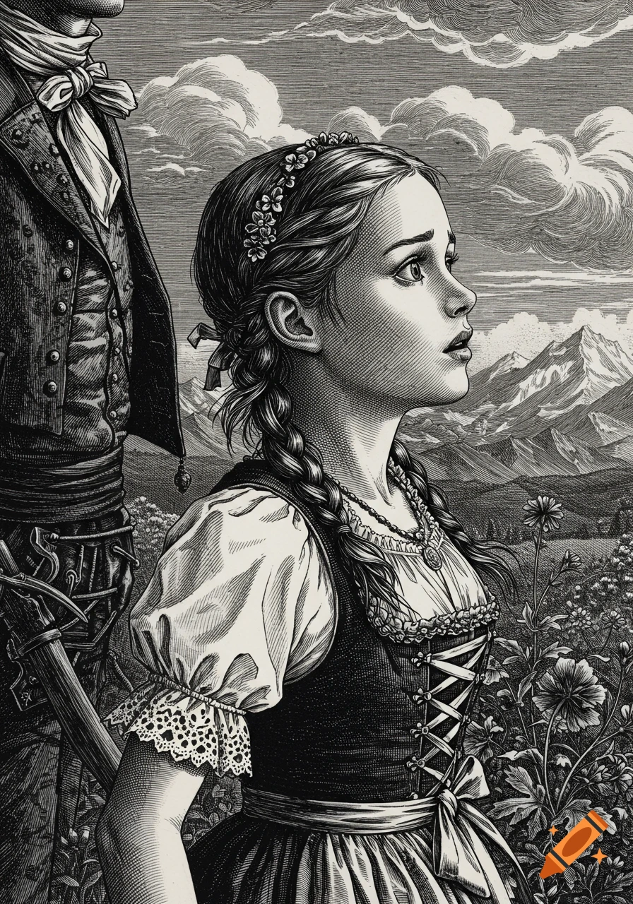 Black and white copper engraving of a girl in a Dirndl looking up anxiously, a man beside her, mountains and flowers in background.