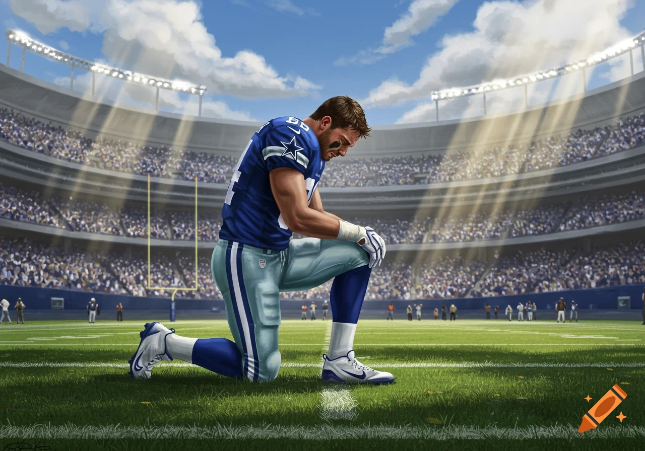 A Dallas Cowboys football player kneels with his head bowed on a grassy field in a stadium under a blue sky, an illustration.