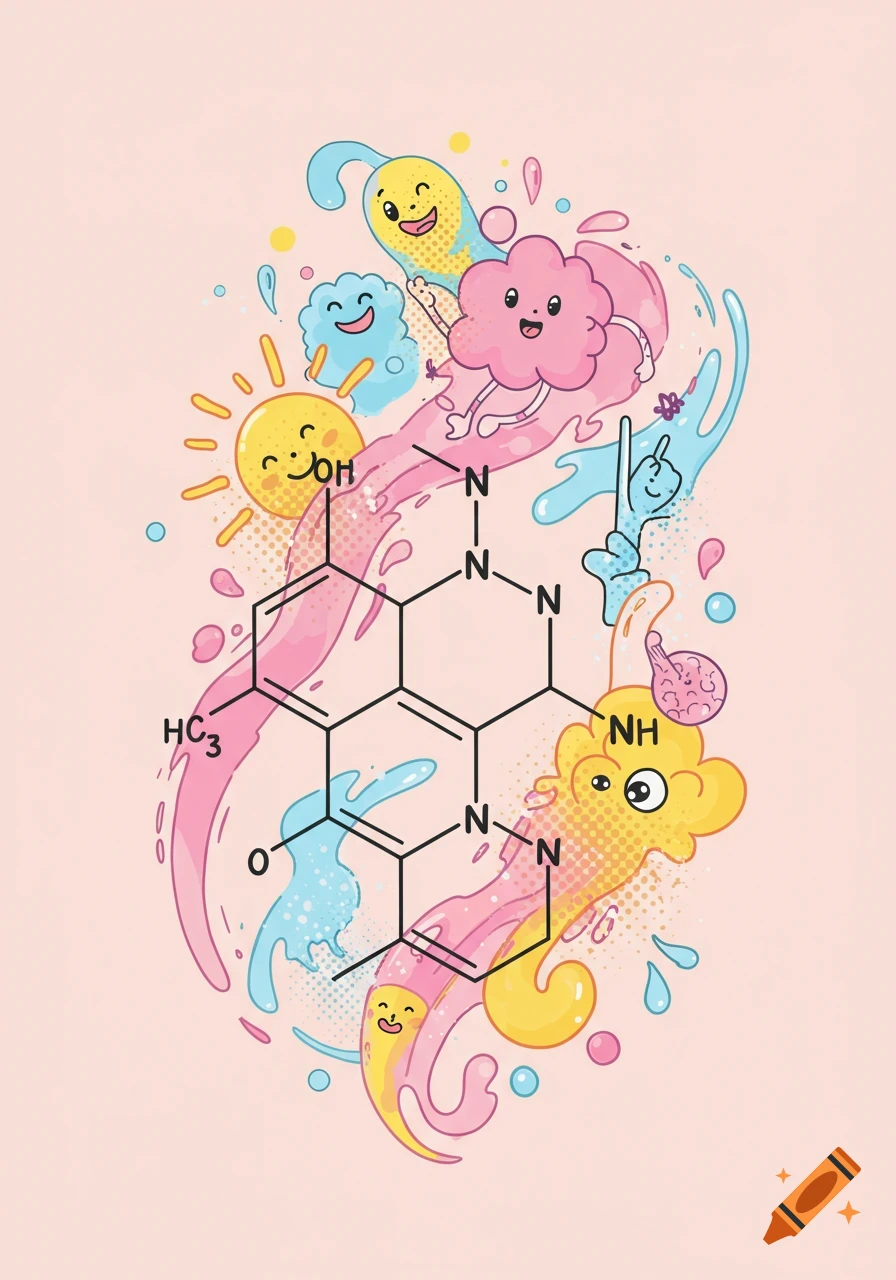Cartoon illustration of a serotonin chemical structure with cute smiling abstract shapes in pink, blue, and yellow on a light pink background.