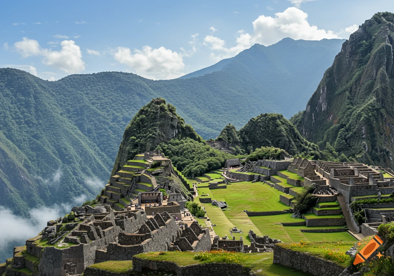 Ancient Inca stone city with terraced fields nestled among lush green mountains under a cloudy blue sky.