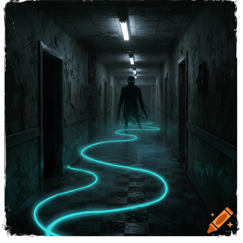 A shadowy monster with glowing eyes stands in a dark, derelict hallway with a winding glowing blue line on the floor.