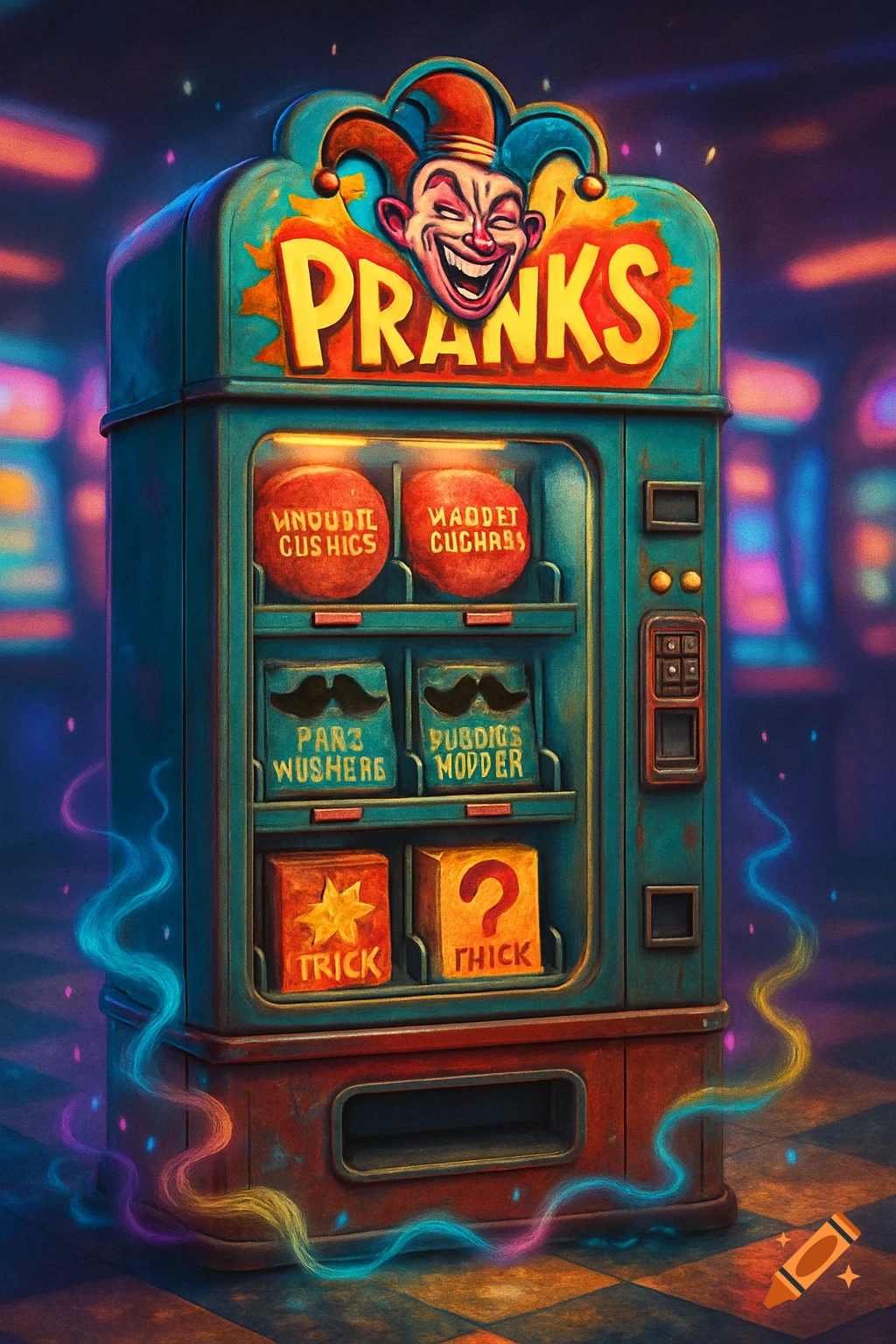 A vibrant, cartoonish vending machine labeled 'PRANKS' features a grinning jester and colorful prank items, glowing in a dark setting.