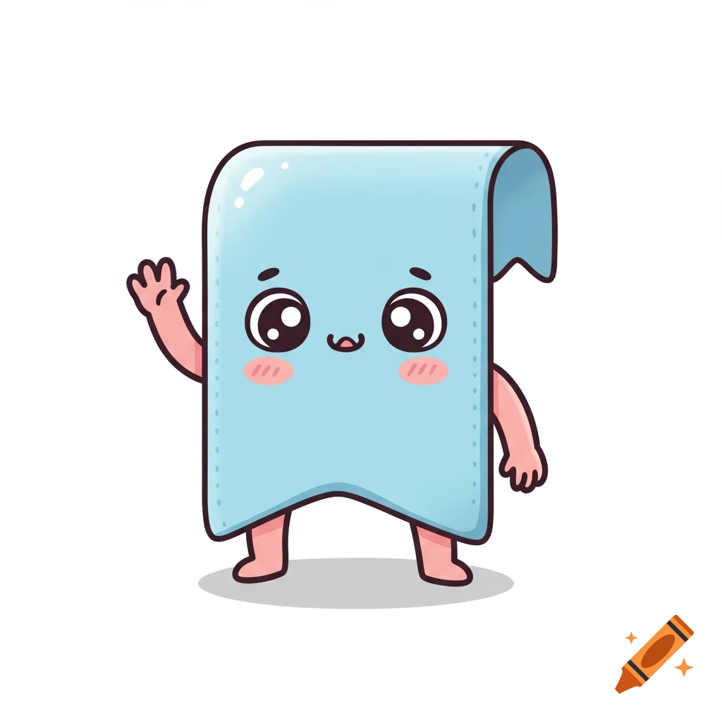 Cute cartoon bookmark character with big eyes, rosy cheeks, and small limbs, waving on a white background.