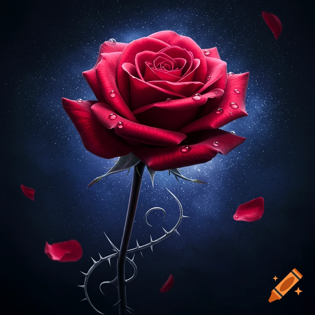 A vibrant red rose with water droplets on its petals and sharp thorns on its stem, set against a dark, sparkling blue background.