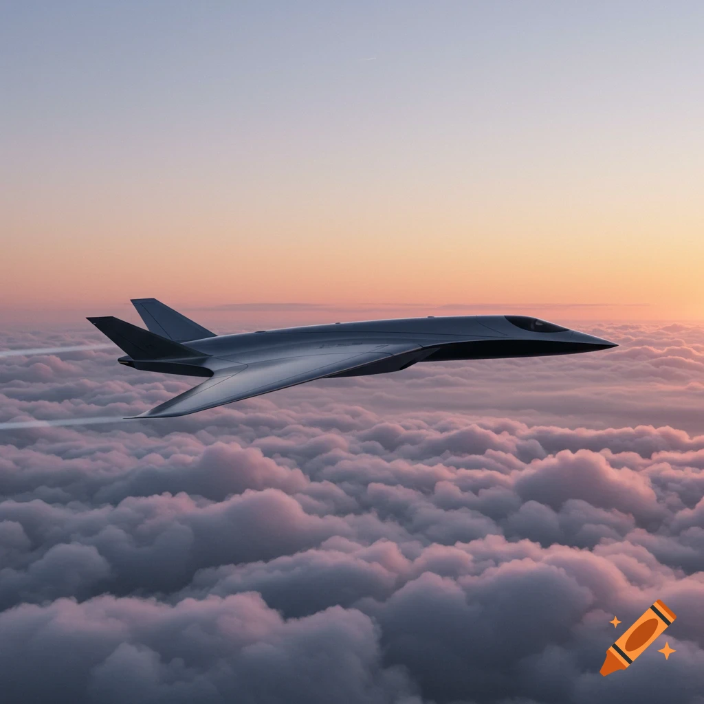 Sleek, dark blended winged body jet flying over pink and purple clouds at sunset.