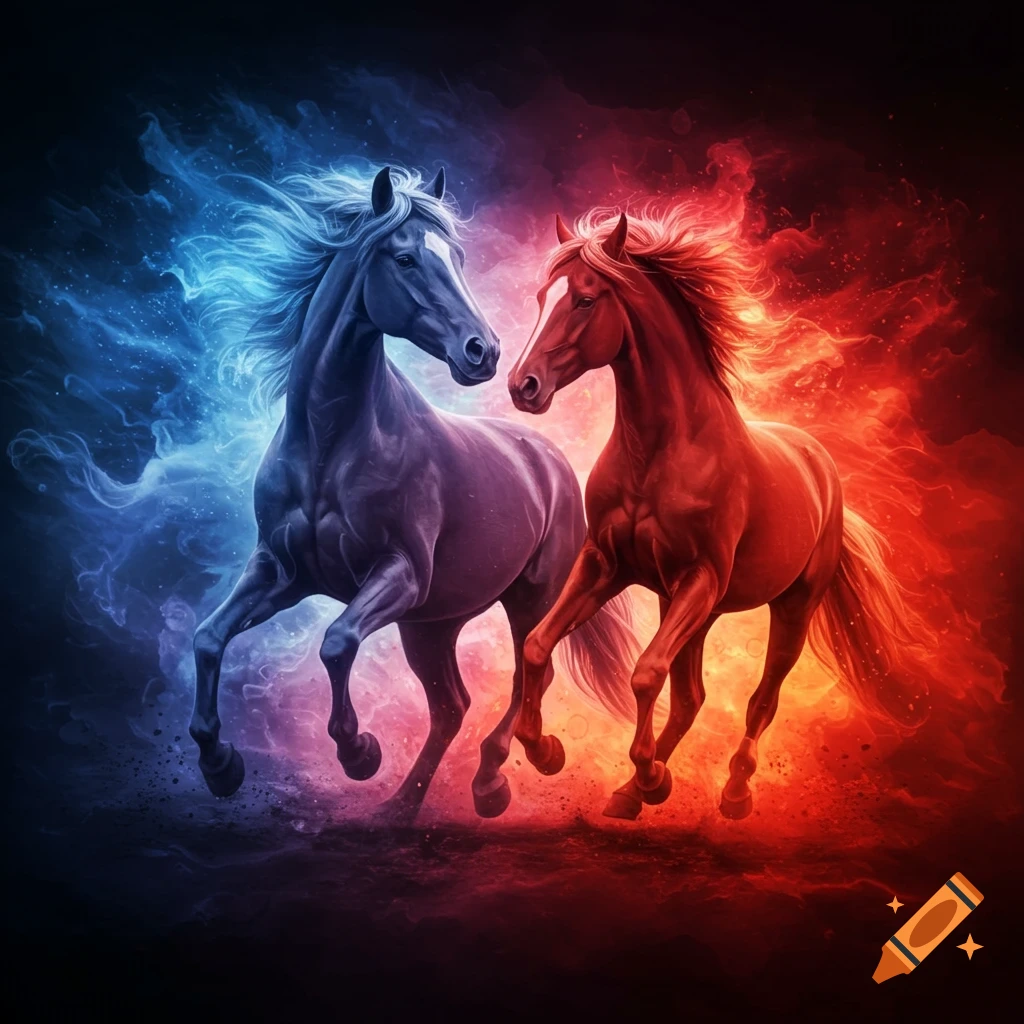 Two vibrant, fantastical horses, one blue and one red, gallop amidst swirling smoke and energy against a dark background.