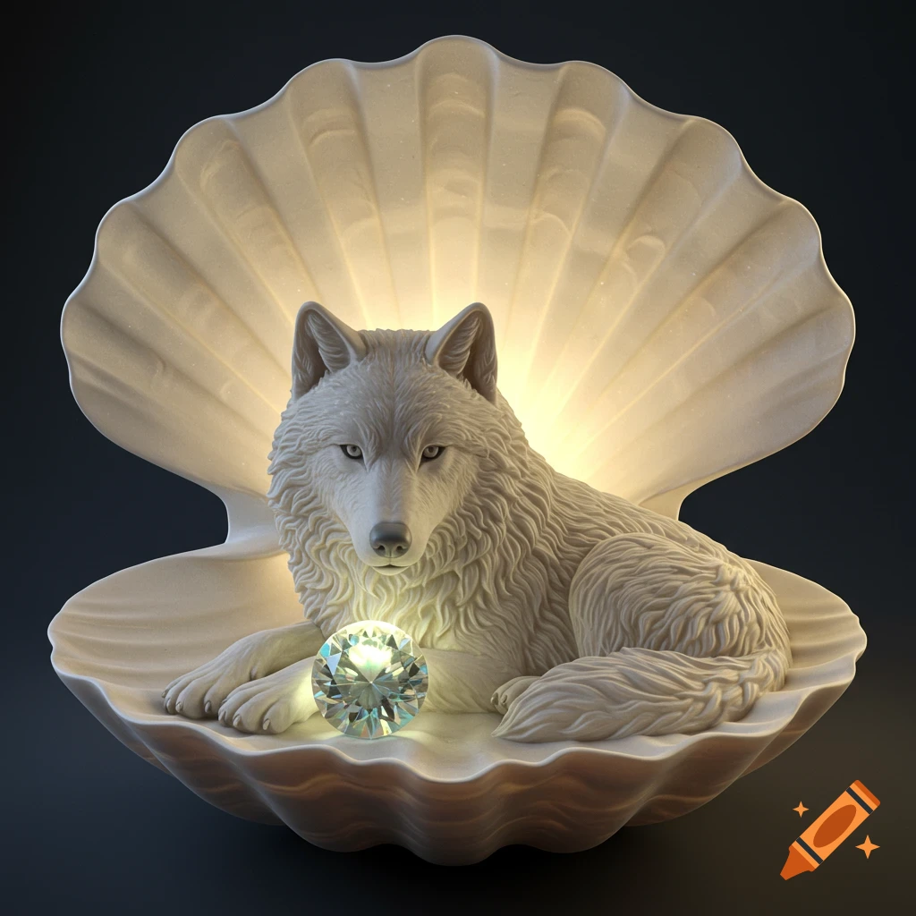 A white bas-relief sculpture of a wolf lying in an open seashell with a sparkling diamond in front of it.