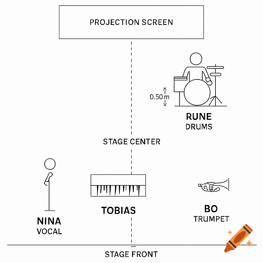 A black and white line diagram showing a top-down stage plot with positions for Nina (vocal), Tobias, Bo (trumpet), and Rune (drums), a projection screen, and stage lines.