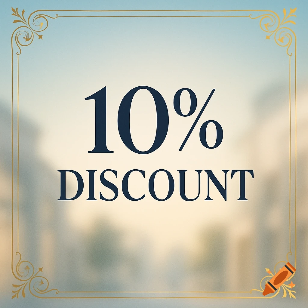 Text graphic displaying '10% DISCOUNT' in dark blue, framed by a decorative gold border on a soft, blurred background.