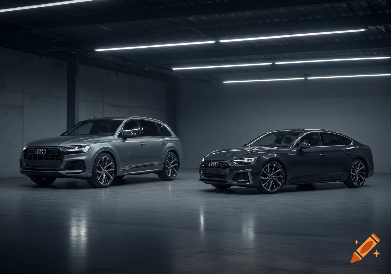 A grey Audi Q7 SUV and a black Audi A5 sedan are parked side-by-side in a dim, modern garage. Photorealistic.