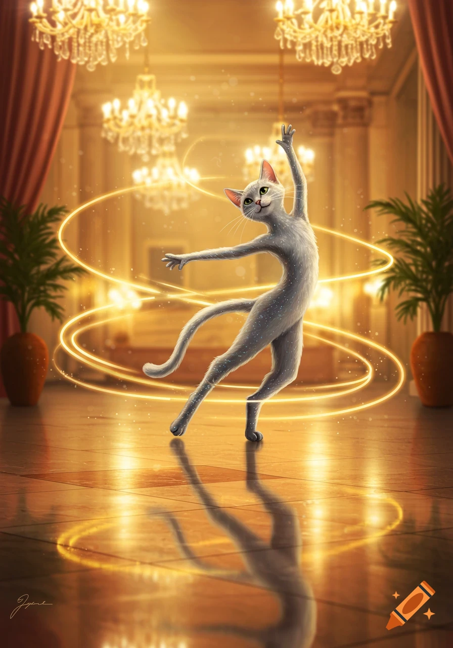 A white cat in ballet pose, sparkling and surrounded by golden light rings, dances in a grand ballroom with chandeliers.