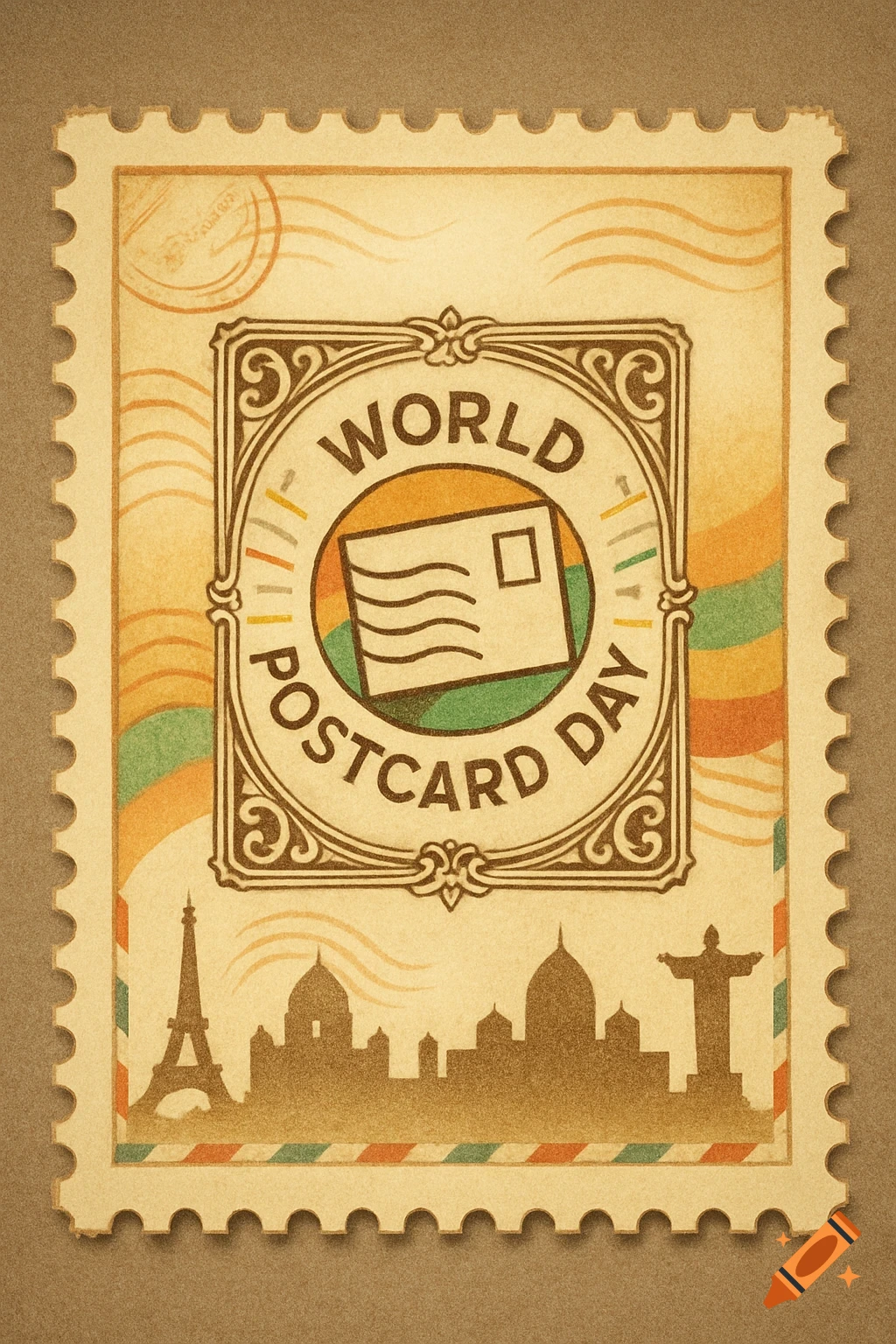 A vintage-style stamp featuring the text "World Postcard Day" around a central icon of a postcard. Silhouettes of world landmarks like the Eiffel Tower and Christ the Redeemer statue are at the bottom.