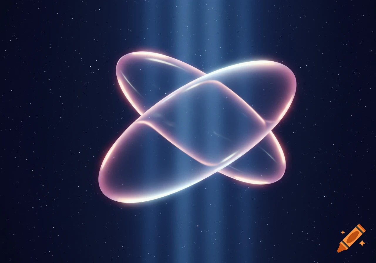 Glowing pink and blue elliptical shapes intersect against a dark, starry space background with light beams.