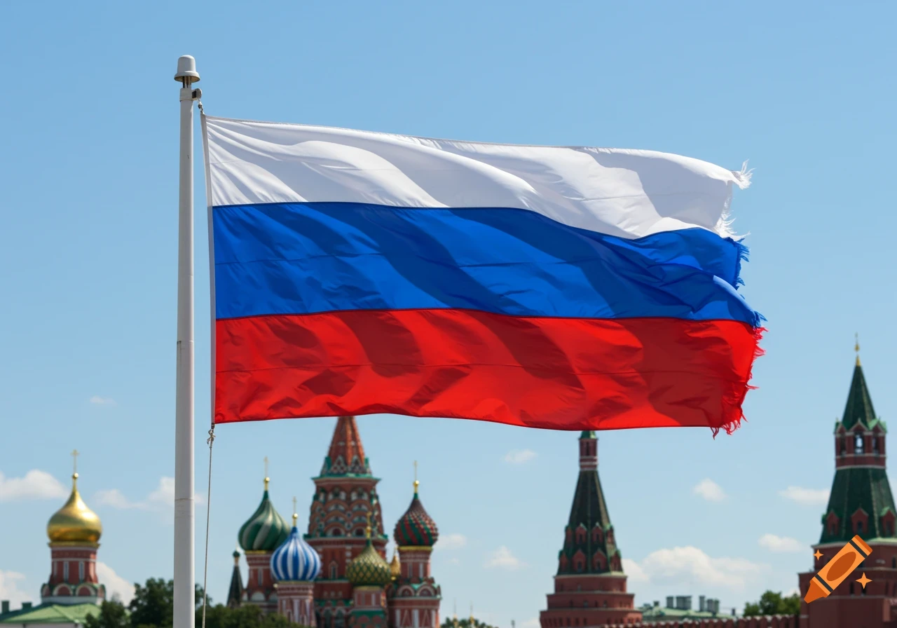 Photorealistic image of the Russian flag waving against a blue sky, with the colorful domes of St. Basil's Cathedral in the background.