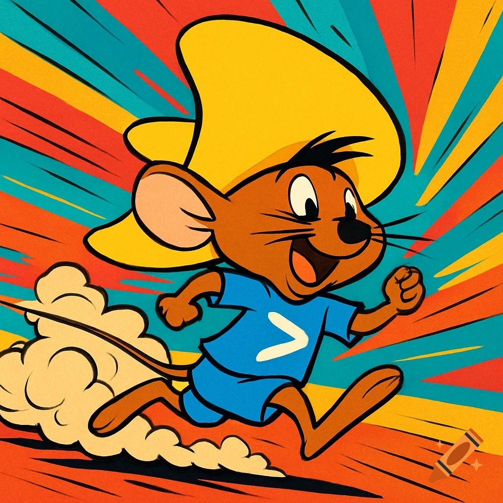 Cartoon mouse in a sombrero and blue shirt with a '>' logo runs fast against a colorful, dynamic background.