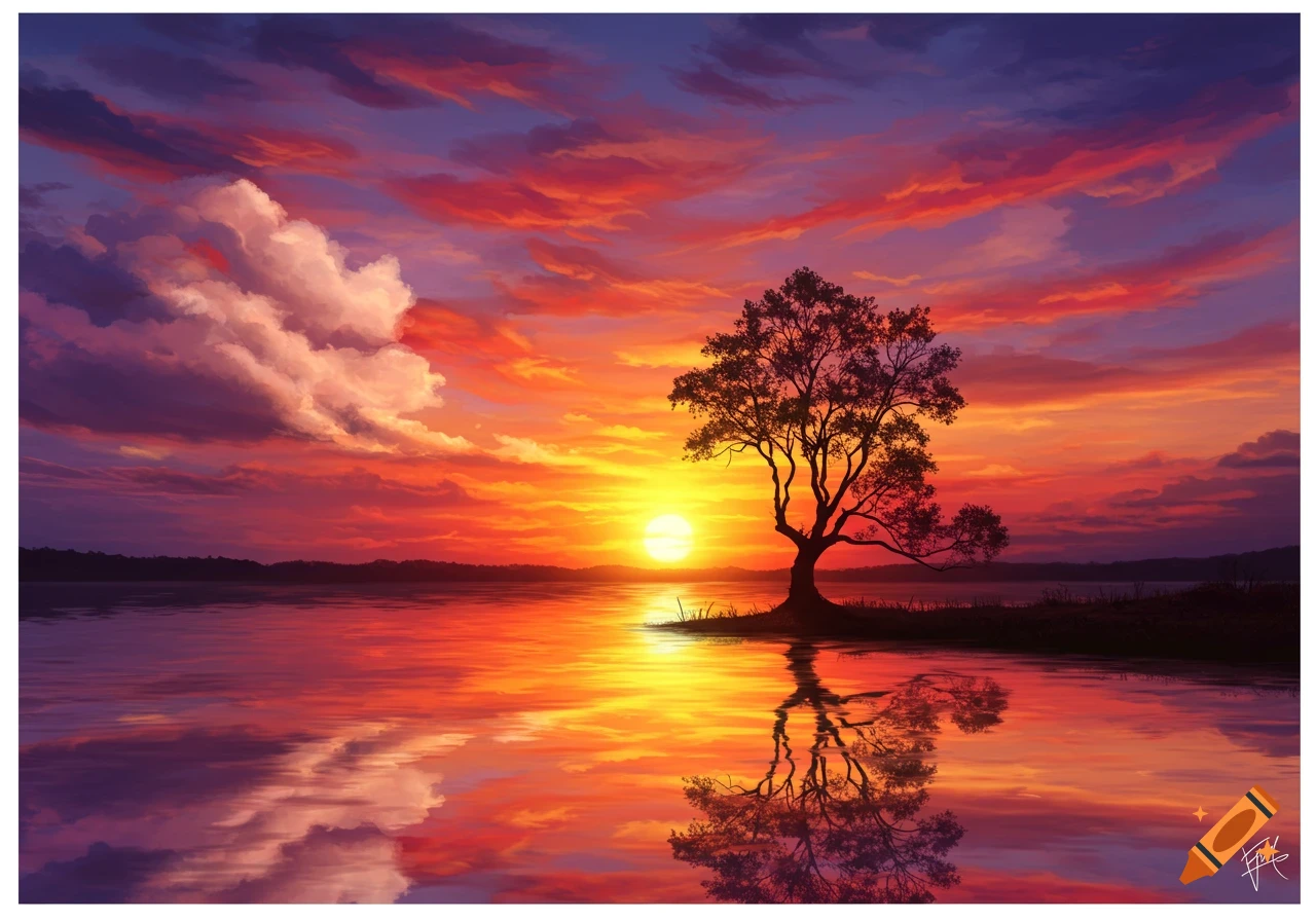 Digital painting of a vibrant sunset over a lake, featuring a silhouetted tree reflected in the water against an orange and purple sky.