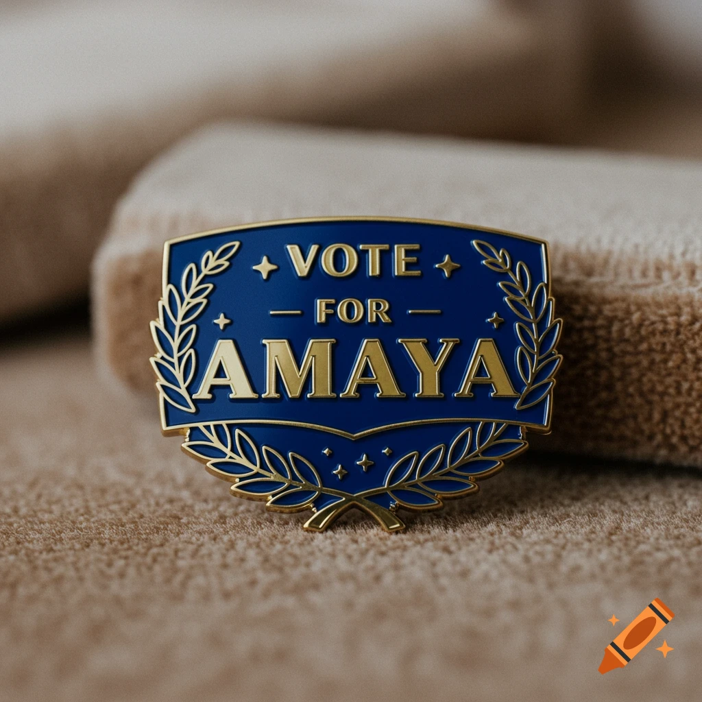 A blue and gold political campaign pin featuring a laurel wreath and the text 'VOTE FOR AMAYA' on a textured beige background.