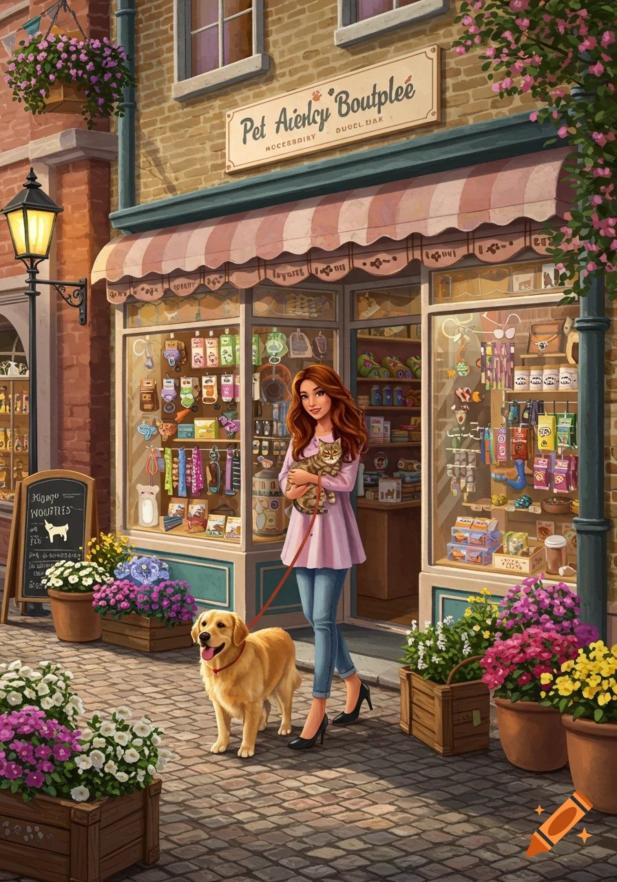 A woman holds a cat and walks a golden retriever past a charming pet shop on a cobblestone street, surrounded by flowers. Detailed illustration.