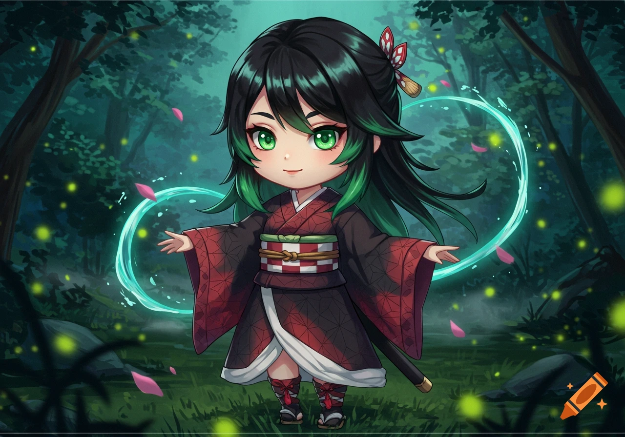 Chibi anime girl with green-tipped black hair, green eyes, and a red kimono, standing in a magical forest with glowing rings.