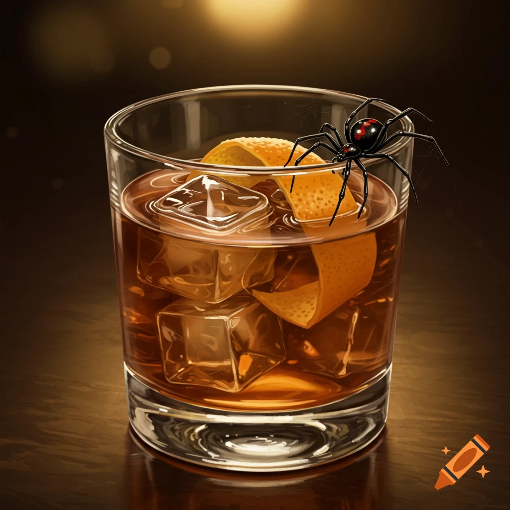 A photorealistic Old fashioned cocktail with ice and an orange peel, featuring a black widow spider on the rim.