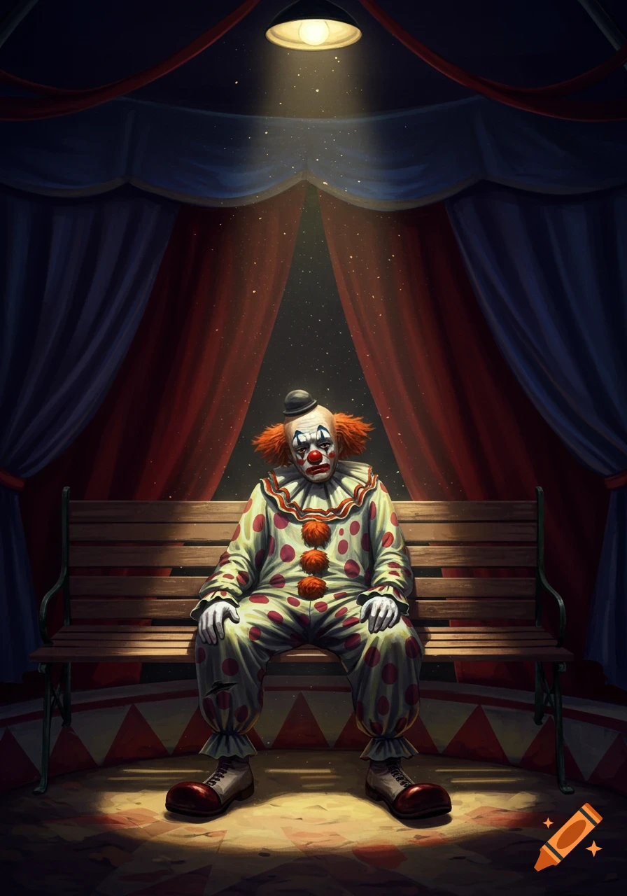 A sad-looking clown sits alone on a wooden bench under a spotlight inside a red and blue circus tent.