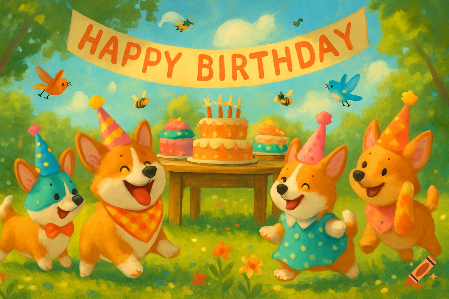 Four cute corgis in party hats celebrate a birthday in a park with cakes and a 'Happy Birthday' banner, in an illustrative style.