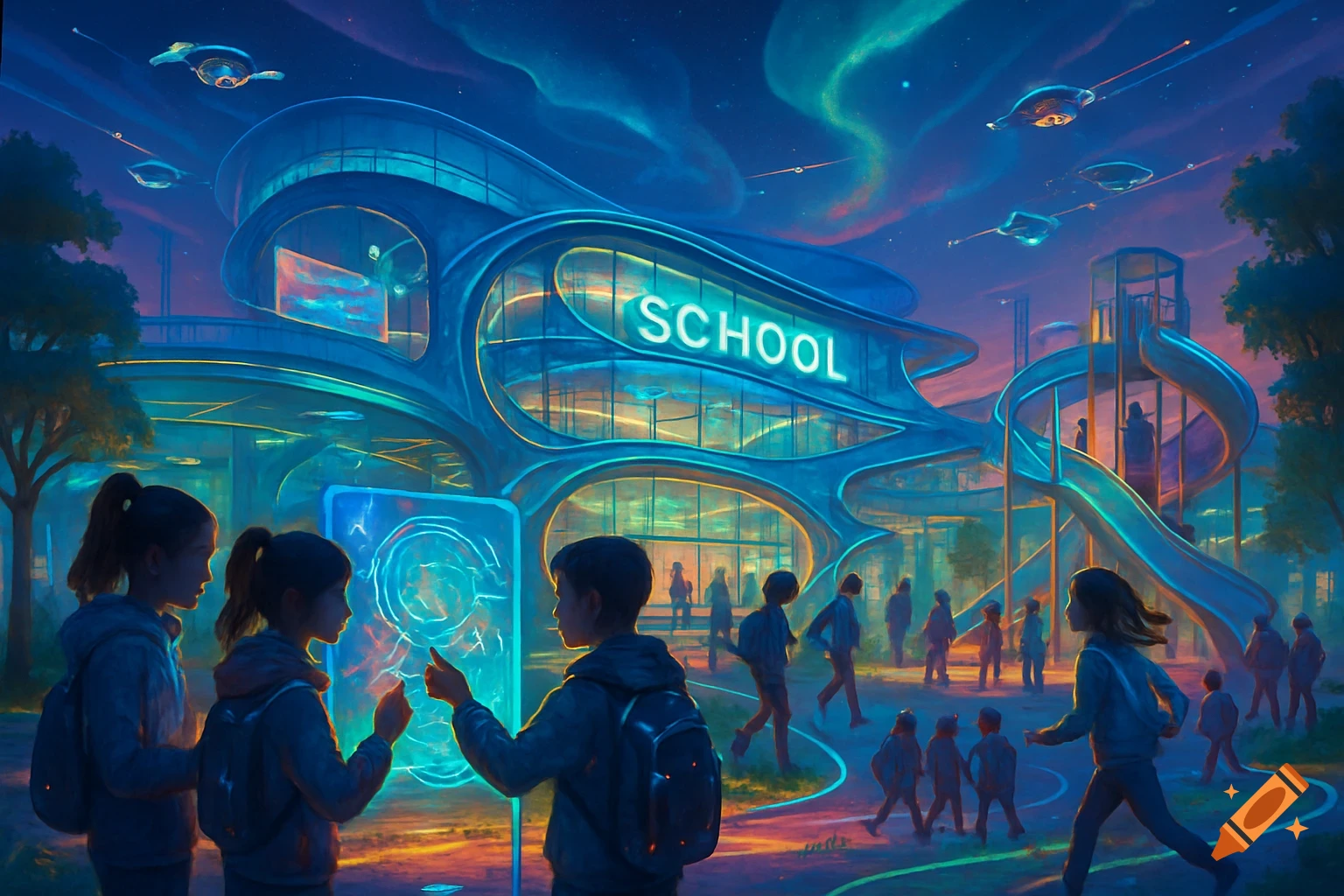 Digital painting of children at a futuristic, neon-lit school with a playground and flying vehicles in the sky.