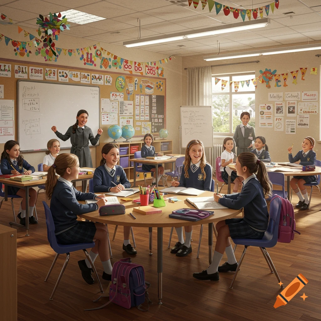 A bright classroom with a teacher and schoolgirls sitting at desks, some at a round table, engaged in learning.