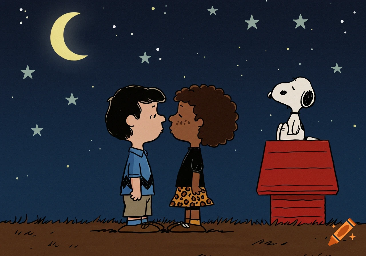 Two Peanuts-style children lean in for a kiss under a starry night sky with a crescent moon; Snoopy sits on his red doghouse.