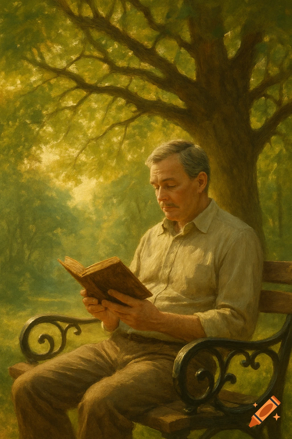 A painting of an older man with a mustache reading a book on a park bench under a large tree.