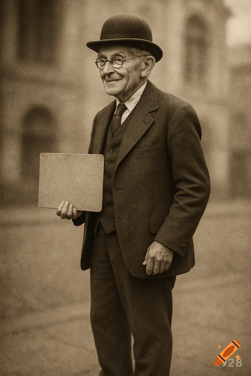 Smiling old man in a bowler hat and suit, holding a blank sign. Sepia-toned, grainy 1928 photorealistic style.