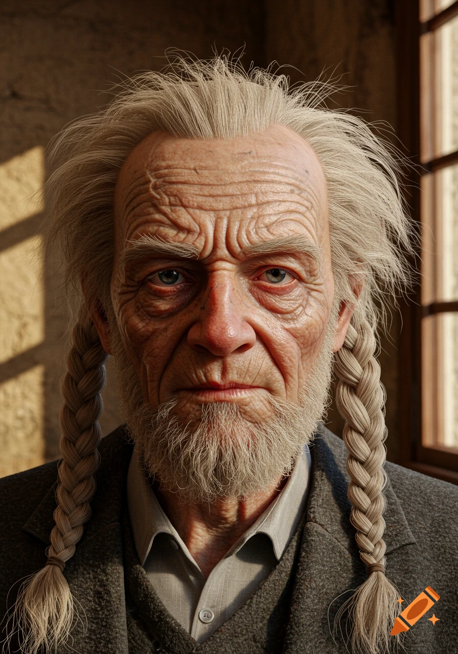 Close-up photorealistic portrait of a very old man with white messy hair, a white beard, deep wrinkles, and two braids, looking directly at the viewer.