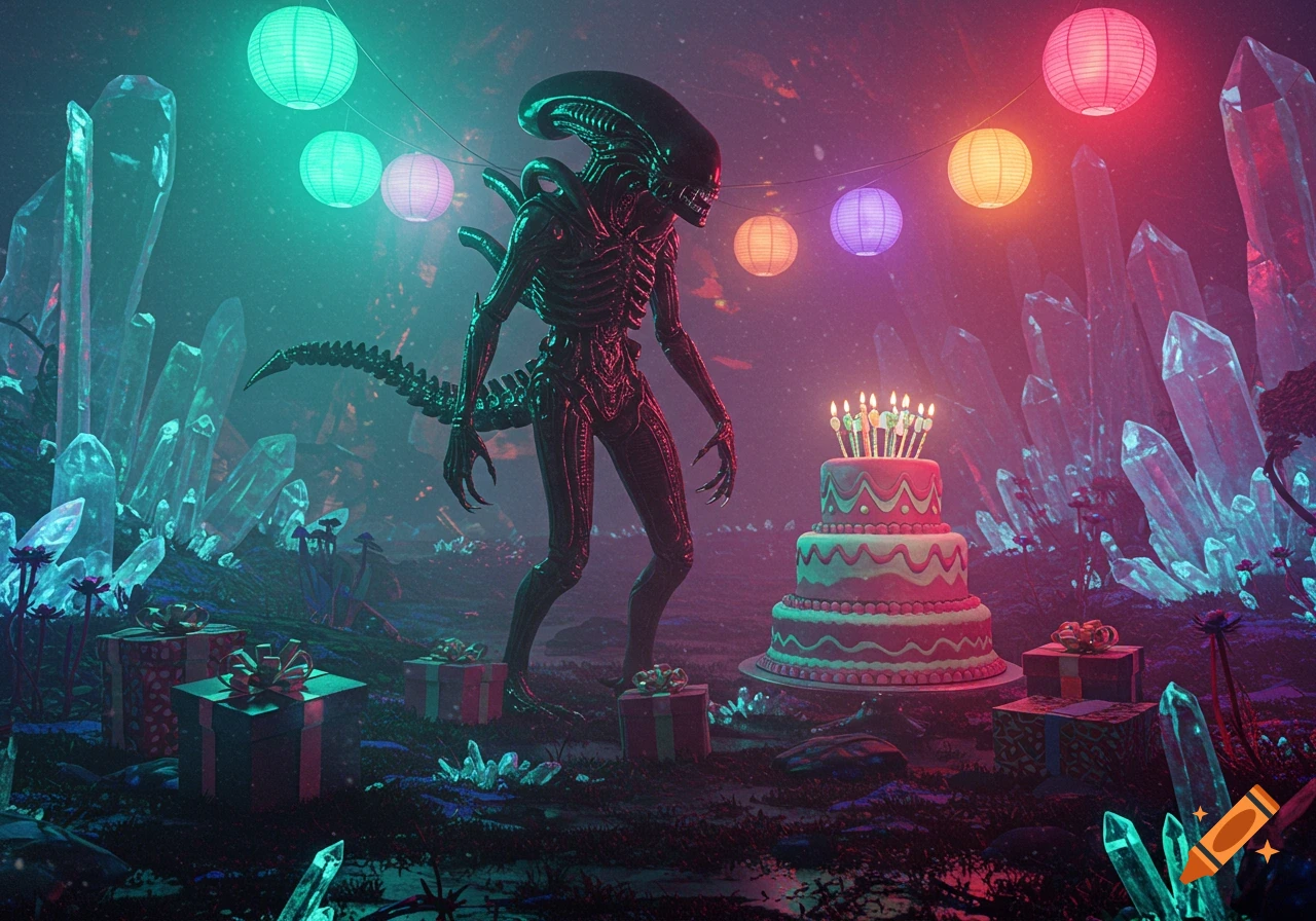 A Xenomorph alien stands by a birthday cake with candles and presents in a glowing crystal cave with colorful lanterns.