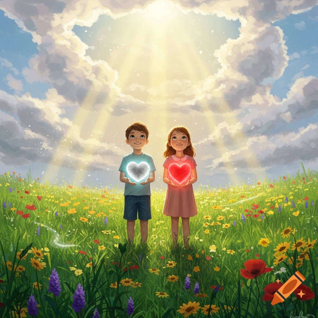 A boy and a girl stand in a sunny field of wildflowers, each holding a glowing heart, with light rays descending from clouds.