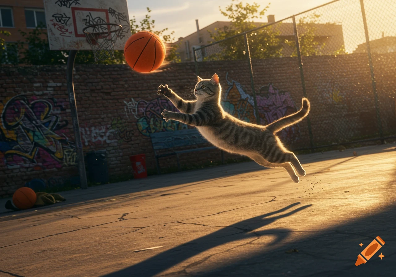 A striped tabby cat leaps mid-air to bat a basketball on a graffiti-covered outdoor court at sunset.