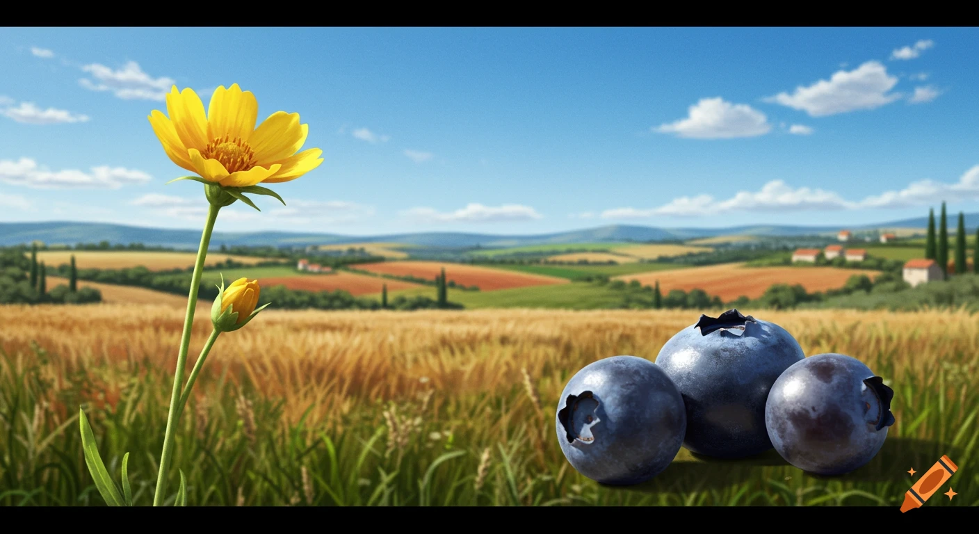 A vibrant yellow flower and bud with three large blueberries in the foreground of a golden wheat field and rolling Mediterranean landscape under a blue sky.