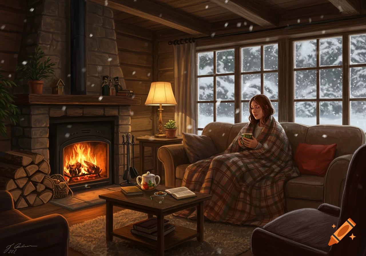 A woman wrapped in a plaid blanket sits on a sofa by a fireplace in a cozy wooden cabin, looking out at a snowy landscape. Digital painting.