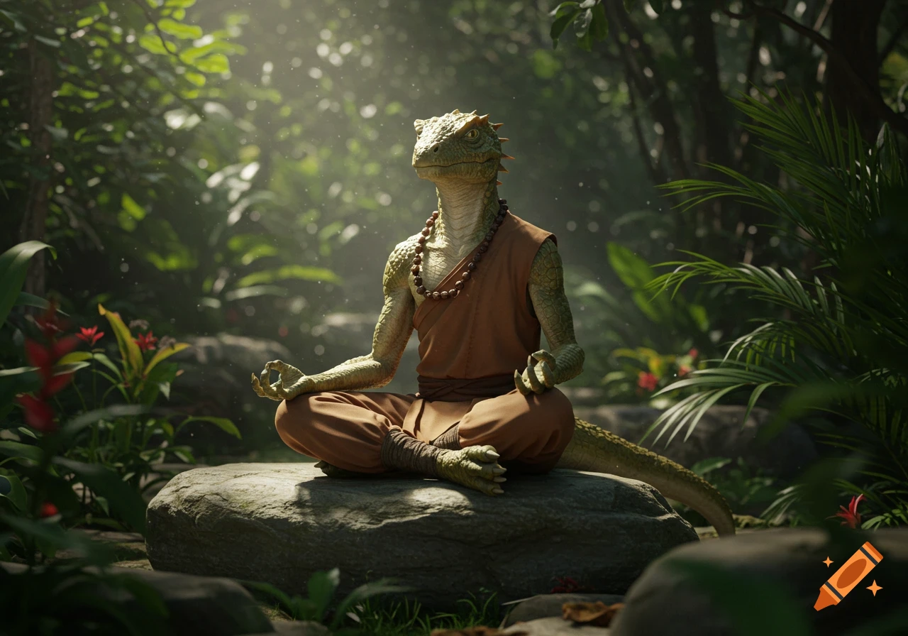 Photorealistic lizardfolk monk meditating on a rock in a lush, sun-dappled jungle.