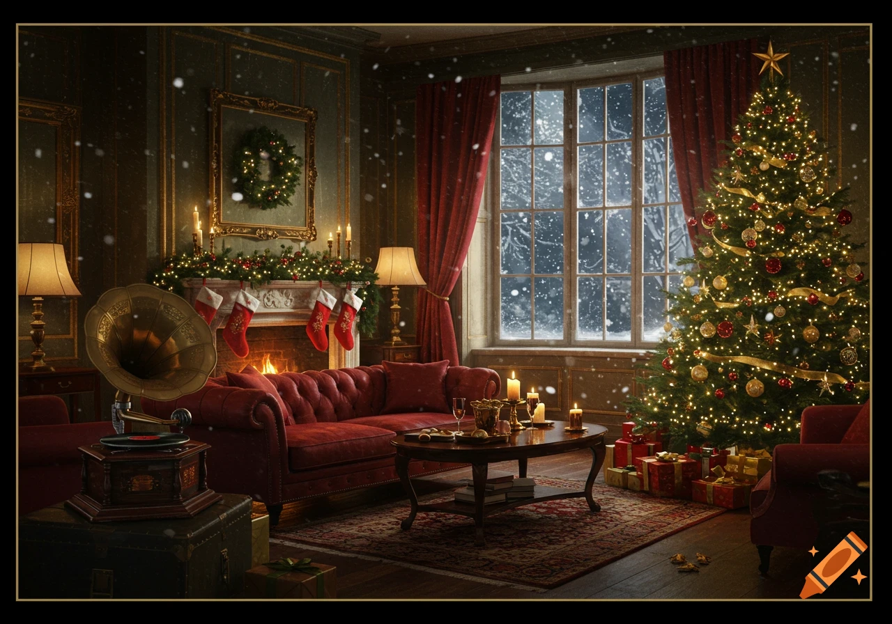 A photorealistic, richly decorated Christmas living room with a glowing tree, fireplace, and snow falling outside a large window.