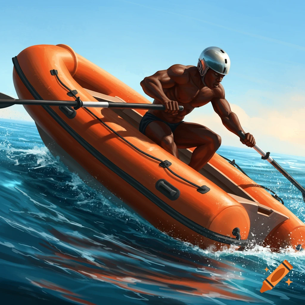 Muscular Black man in swim trunks and helmet paddling an orange inflatable boat through choppy blue water.