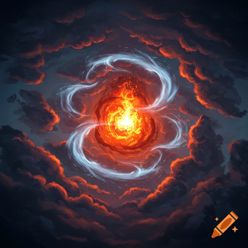 A vibrant core of orange and yellow fire, encircled by swirling light blue energy trails, surrounded by dark, dramatic clouds.