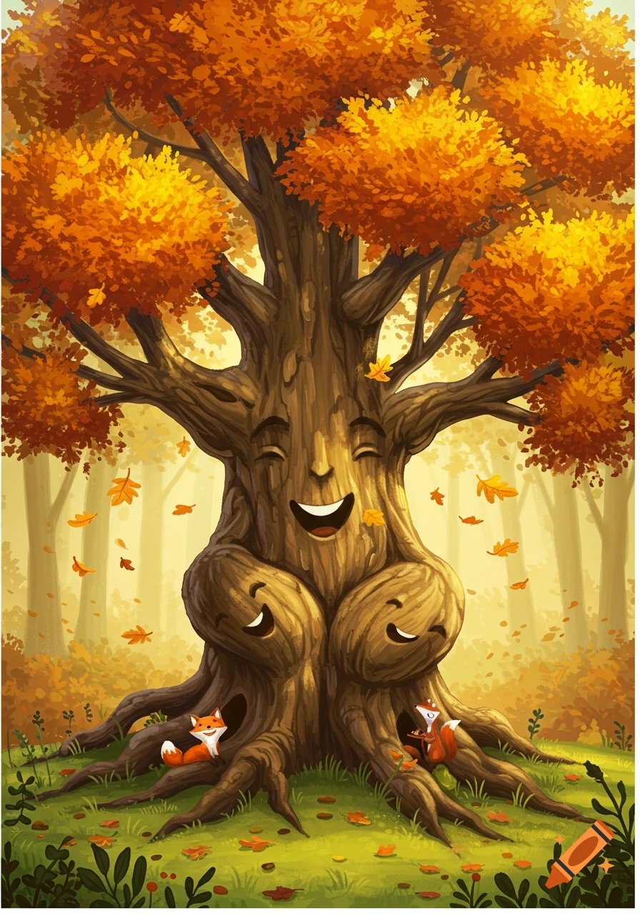 A whimsical, smiling tree with orange and yellow autumn leaves, surrounded by falling leaves and two foxes resting at its base in an illustrative style.