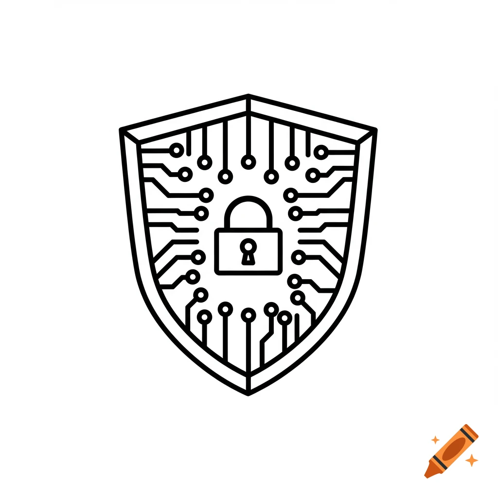 Black and white line art icon of a shield with a circuit board pattern and a padlock, symbolizing cybersecurity.