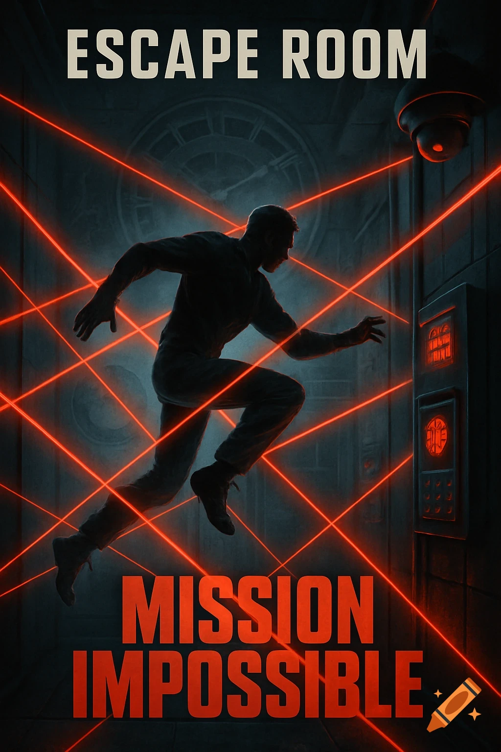 A man navigates a dark room with red laser security beams, text reads 'ESCAPE ROOM' and 'MISSION IMPOSSIBLE'.