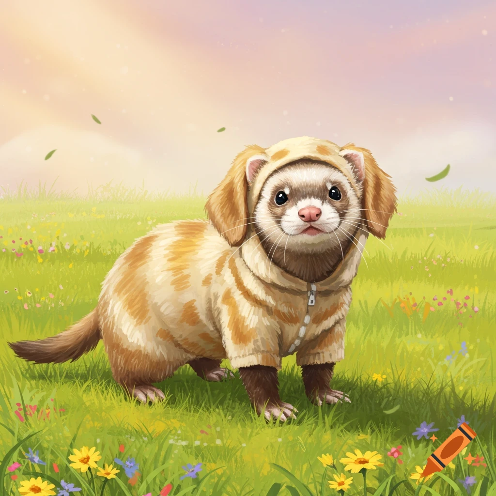 A cute ferret wearing a golden dog onesie stands in a green field with colorful wildflowers under a sunny sky.