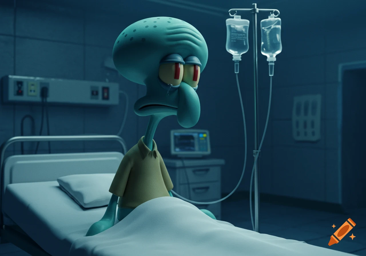 3D render of a sad Squidward in a hospital bed with an IV drip, looking sick and defeated.