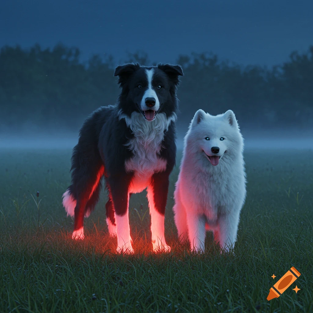 Photorealistic image of a Border Collie and a Samoyed with glowing red paws and blue eyes standing in a misty field at dusk.