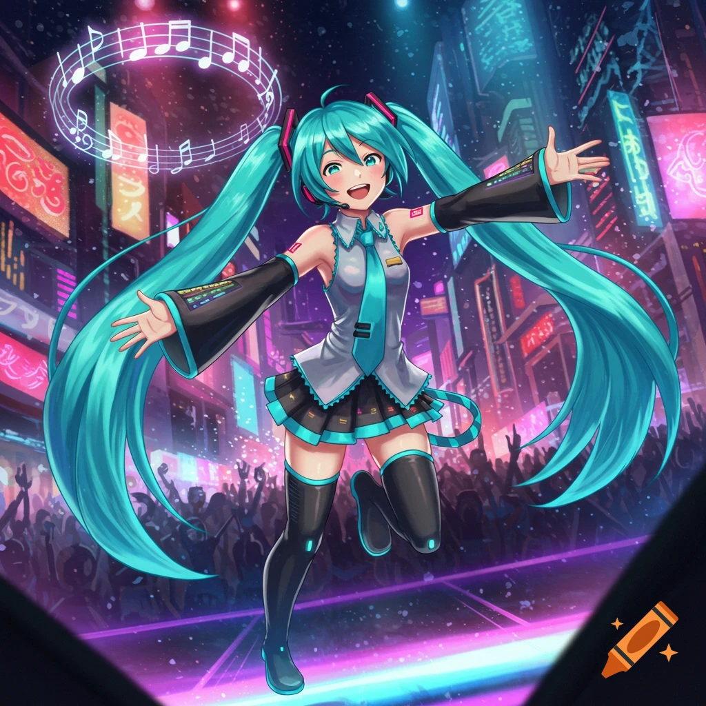 Hatsune Miku performing on a stage in a neon-lit city at night, with musical notes floating above her head and a crowd cheering.