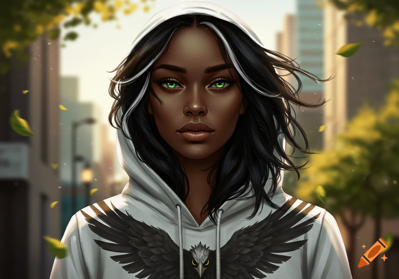 Digital art portrait of a dark-skinned woman with emerald eyes, black hair with white streaks, wearing a white hoodie with an eagle design in an urban setting.